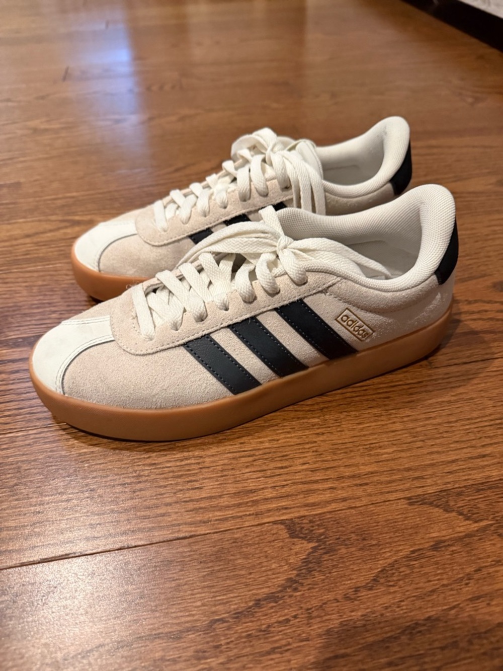 adidas womens Cream Suede Sneakers with Black Stripes and Gum Sole